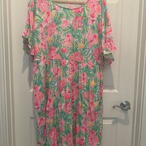 Lilly Pulitzer Pink and Green Flutter Sleeve Dress with Pockets